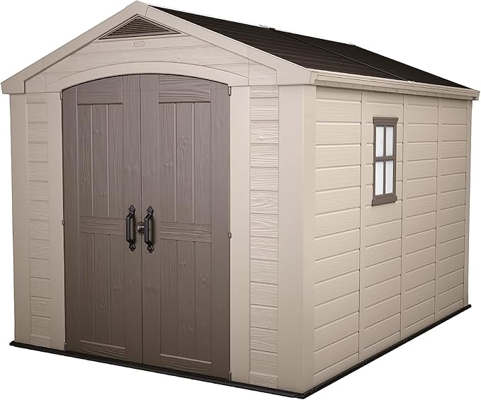 Keter Factor 8x11 Ft All-Weather Outdoor Storage Shed with Shelves, Skylight, Window, Built-in Ventilation, Customizable Walls, & Lockable Double Doors, Brown