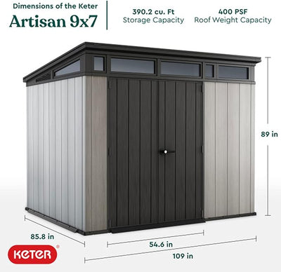 Keter Outdoor Storage Shed, for Patio, House, Backyard & Garden, Artisan, 9x7 Ft, Grey