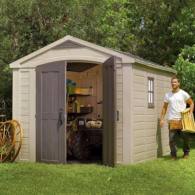 Keter Factor 8x11 Ft All-Weather Outdoor Storage Shed with Shelves, Skylight, Window, Built-in Ventilation, Customizable Walls, & Lockable Double Doors, Brown